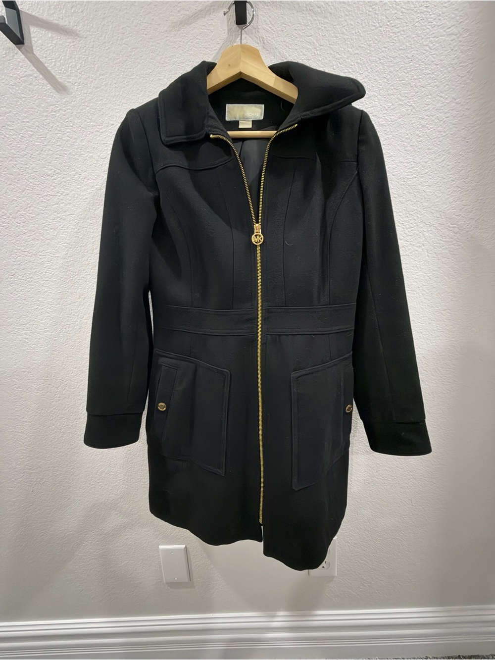 MICHAEL Michael Kors Black Trench Coat with Gold Zip